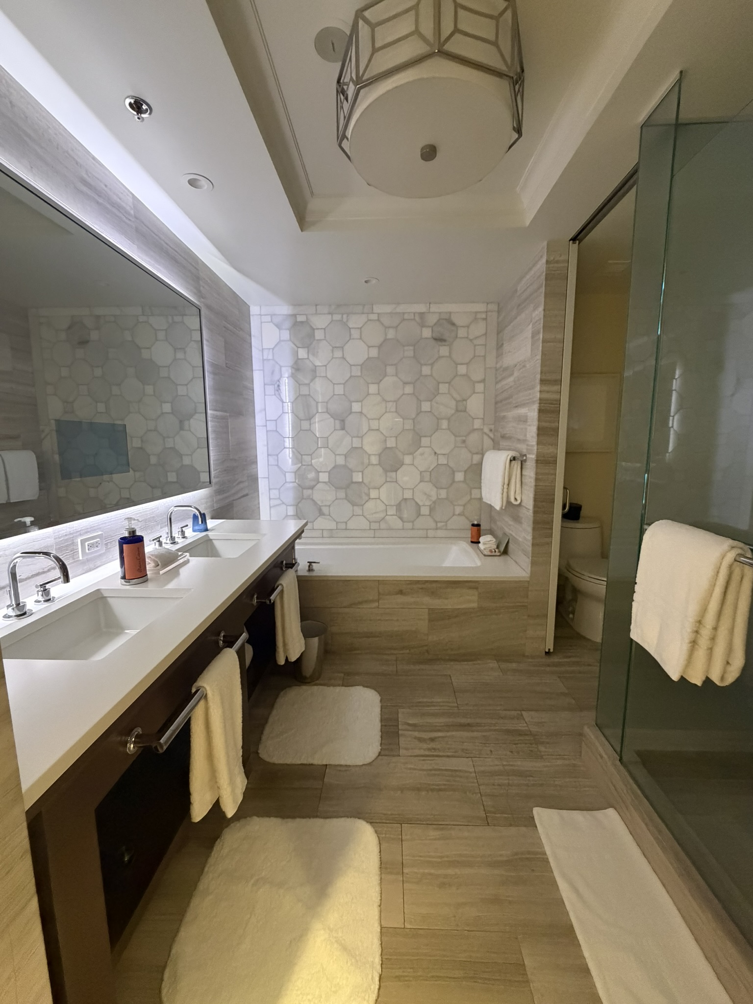 Four Seasons Orlando marble bathroom with soaking tub and glass shower